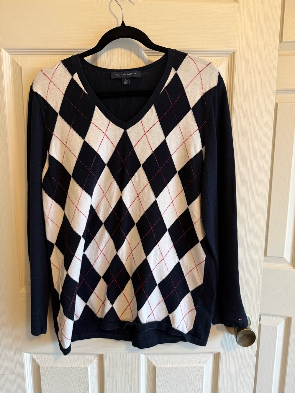 Tommy Hilfiger Navy, White & Red Argyle V-Neck Sweater
